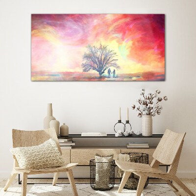 Romantic sunset under the tree Glass Wall Art