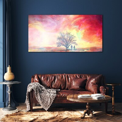 Romantic sunset under the tree Glass Wall Art
