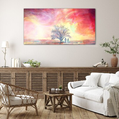 Romantic sunset under the tree Glass Wall Art