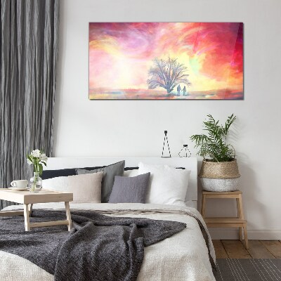 Romantic sunset under the tree Glass Wall Art