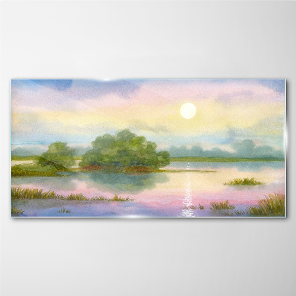 A peaceful landscape by the water Glass Wall Art