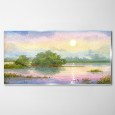 A peaceful landscape by the water Glass Wall Art