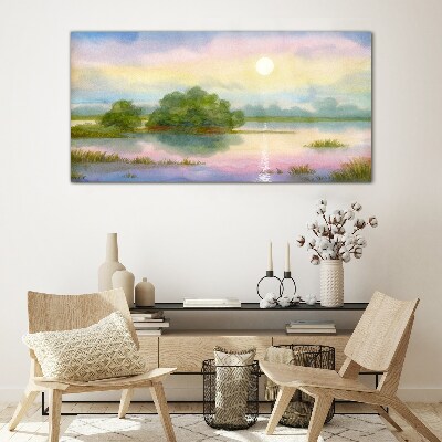 A peaceful landscape by the water Glass Wall Art