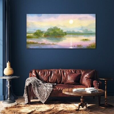 A peaceful landscape by the water Glass Wall Art