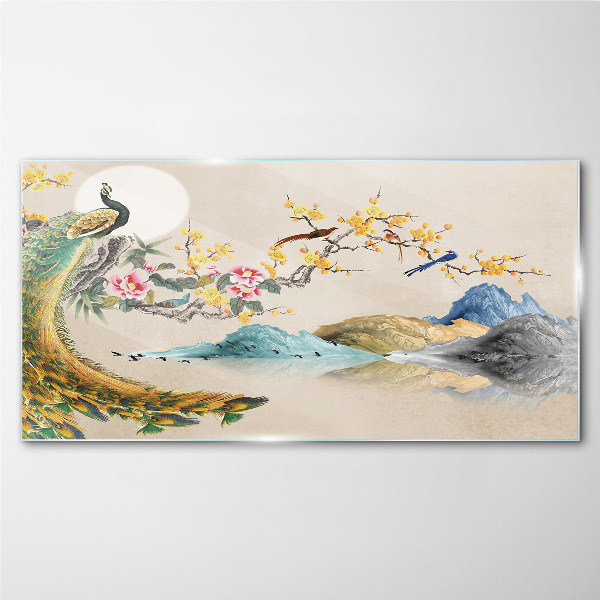 Peacock in Blooming Landscape Glass Wall Art