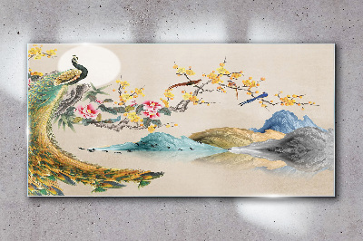 Peacock in Blooming Landscape Glass Wall Art