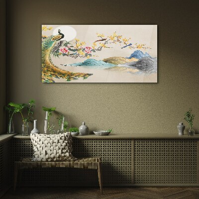 Peacock in Blooming Landscape Glass Wall Art