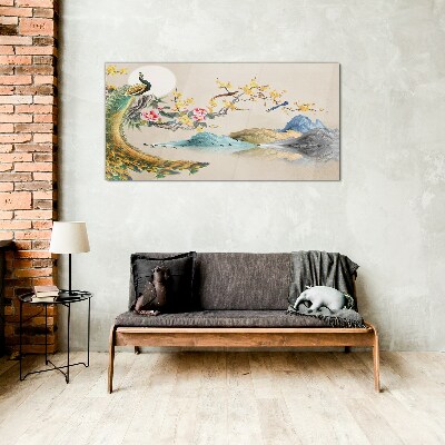 Peacock in Blooming Landscape Glass Wall Art