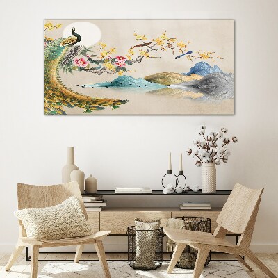 Peacock in Blooming Landscape Glass Wall Art