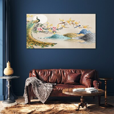 Peacock in Blooming Landscape Glass Wall Art