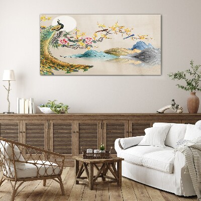 Peacock in Blooming Landscape Glass Wall Art