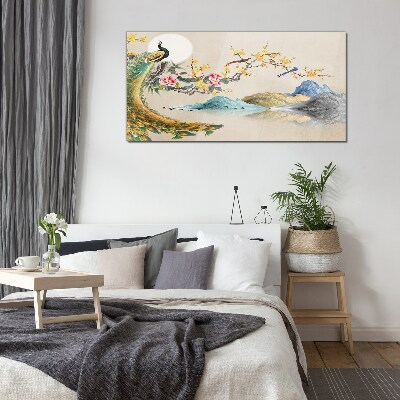 Peacock in Blooming Landscape Glass Wall Art
