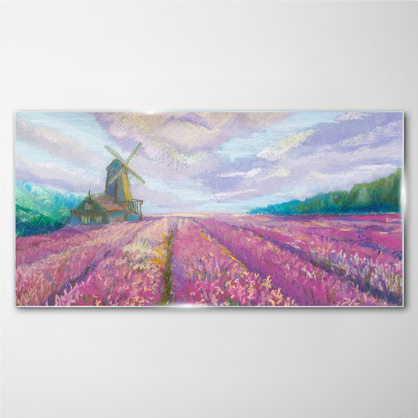 Flower landscape with a windmill Glass Wall Art