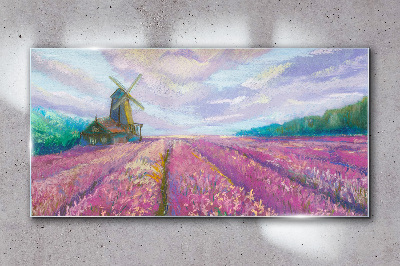 Flower landscape with a windmill Glass Wall Art