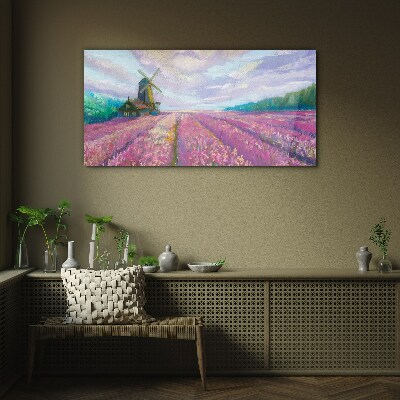 Flower landscape with a windmill Glass Wall Art