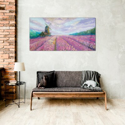 Flower landscape with a windmill Glass Wall Art