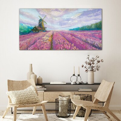 Flower landscape with a windmill Glass Wall Art