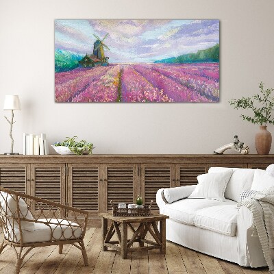 Flower landscape with a windmill Glass Wall Art