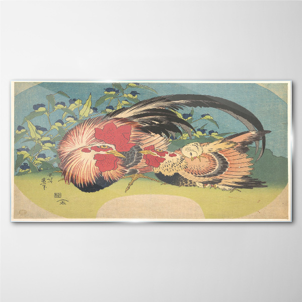 Rooster and chicken in the garden Glass Wall Art