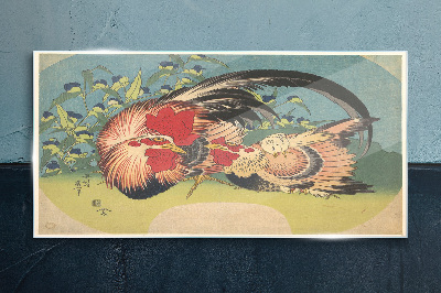 Rooster and chicken in the garden Glass Wall Art