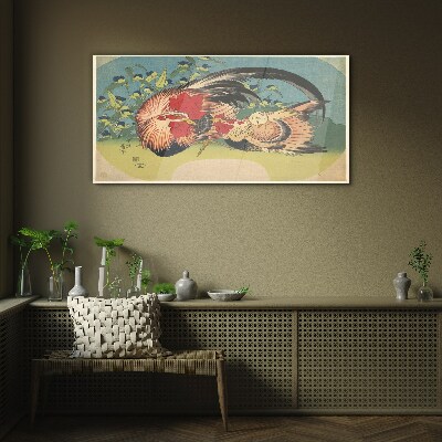 Rooster and chicken in the garden Glass Wall Art