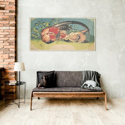 Rooster and chicken in the garden Glass Wall Art