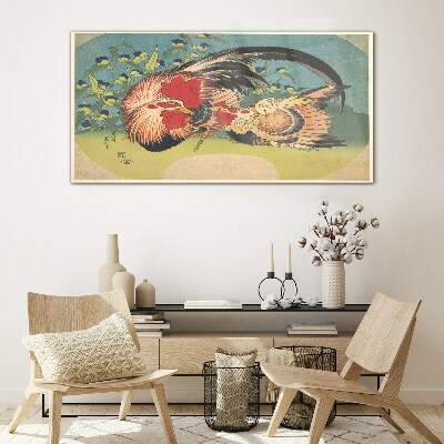 Rooster and chicken in the garden Glass Wall Art