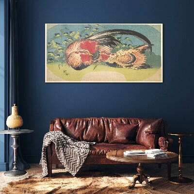 Rooster and chicken in the garden Glass Wall Art