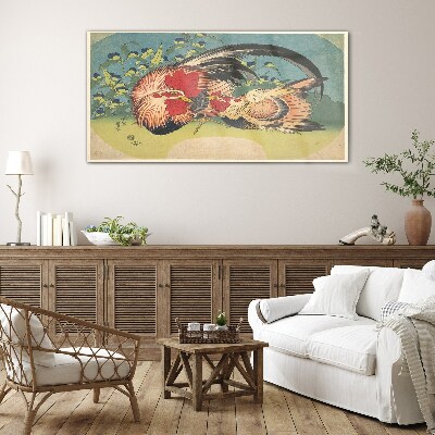 Rooster and chicken in the garden Glass Wall Art