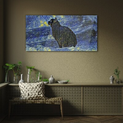 Abstraction night cat stars Glass Wall Art
