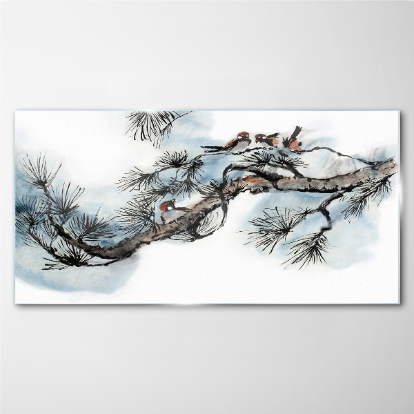 Peaceful branch with birds Glass Wall Art