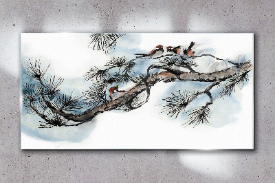 Peaceful branch with birds Glass Wall Art