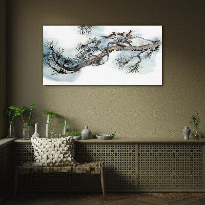 Peaceful branch with birds Glass Wall Art