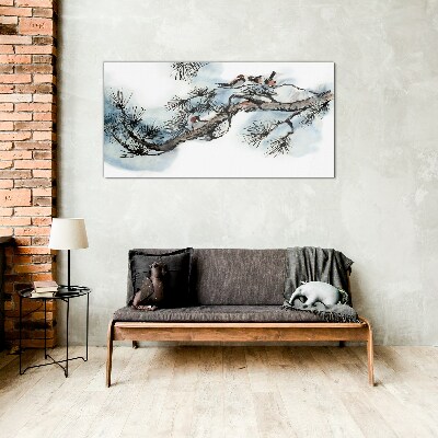 Peaceful branch with birds Glass Wall Art