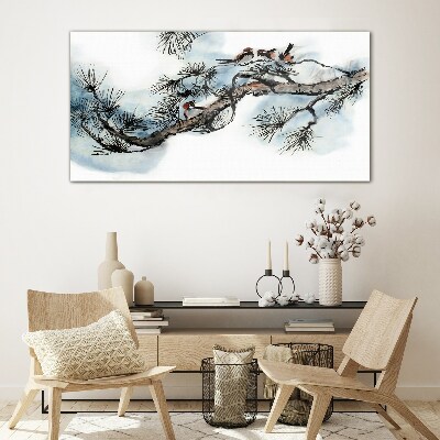 Peaceful branch with birds Glass Wall Art