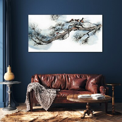 Peaceful branch with birds Glass Wall Art