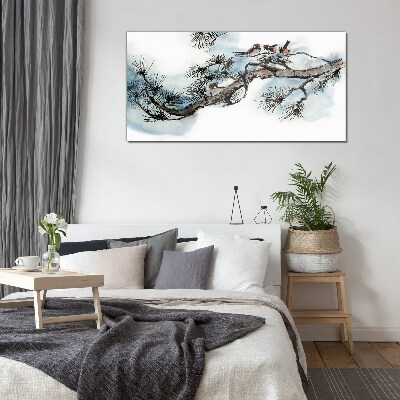 Peaceful branch with birds Glass Wall Art