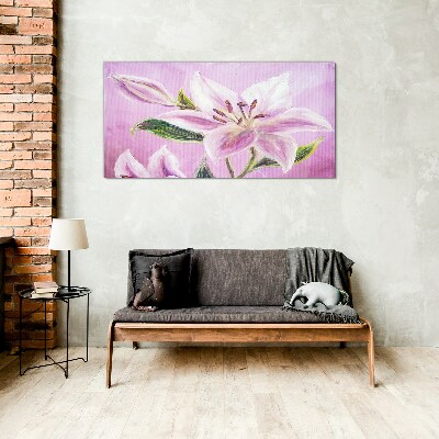 Pink lilies on a pastel background Glass Wall Art