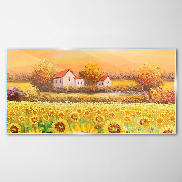 Sunflower fields and village houses Glass Wall Art