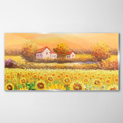 Sunflower fields and village houses Glass Wall Art
