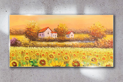 Sunflower fields and village houses Glass Wall Art