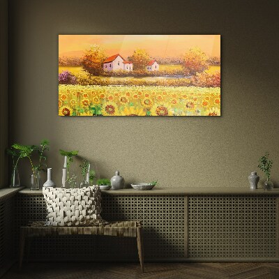 Sunflower fields and village houses Glass Wall Art