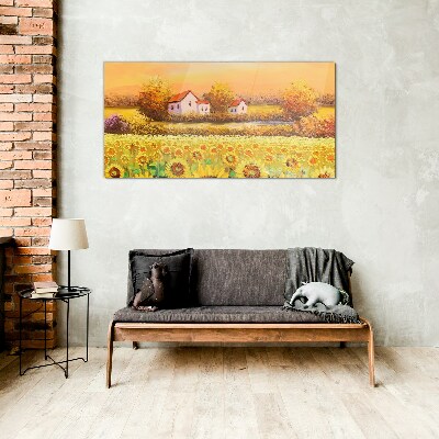 Sunflower fields and village houses Glass Wall Art