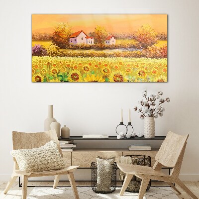 Sunflower fields and village houses Glass Wall Art