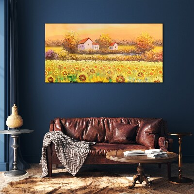 Sunflower fields and village houses Glass Wall Art