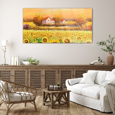 Sunflower fields and village houses Glass Wall Art