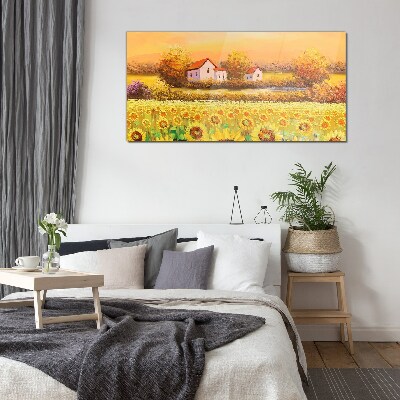 Sunflower fields and village houses Glass Wall Art