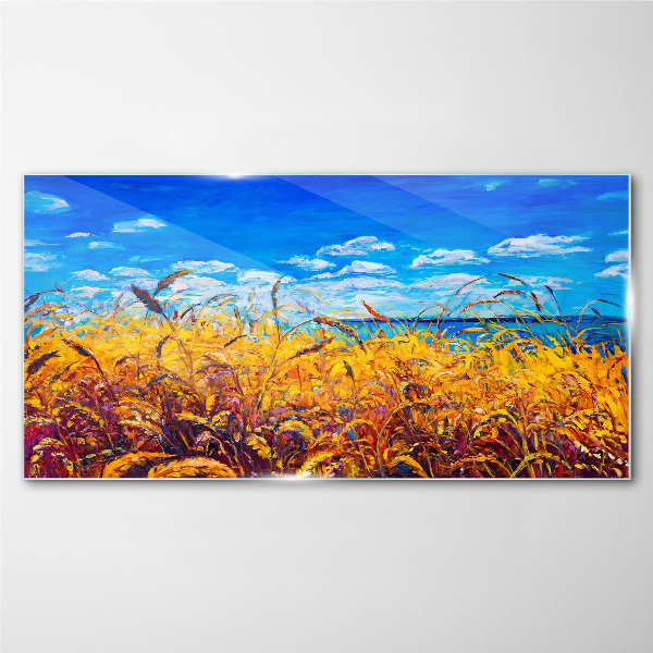 Golden fields under blue sky Glass Wall Art