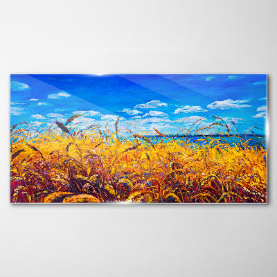 Golden fields under blue sky Glass Wall Art