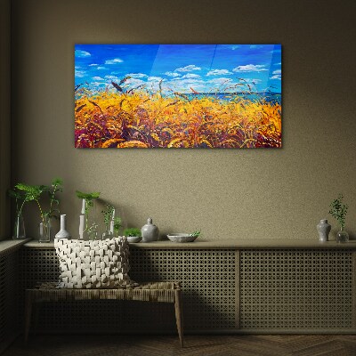 Golden fields under blue sky Glass Wall Art